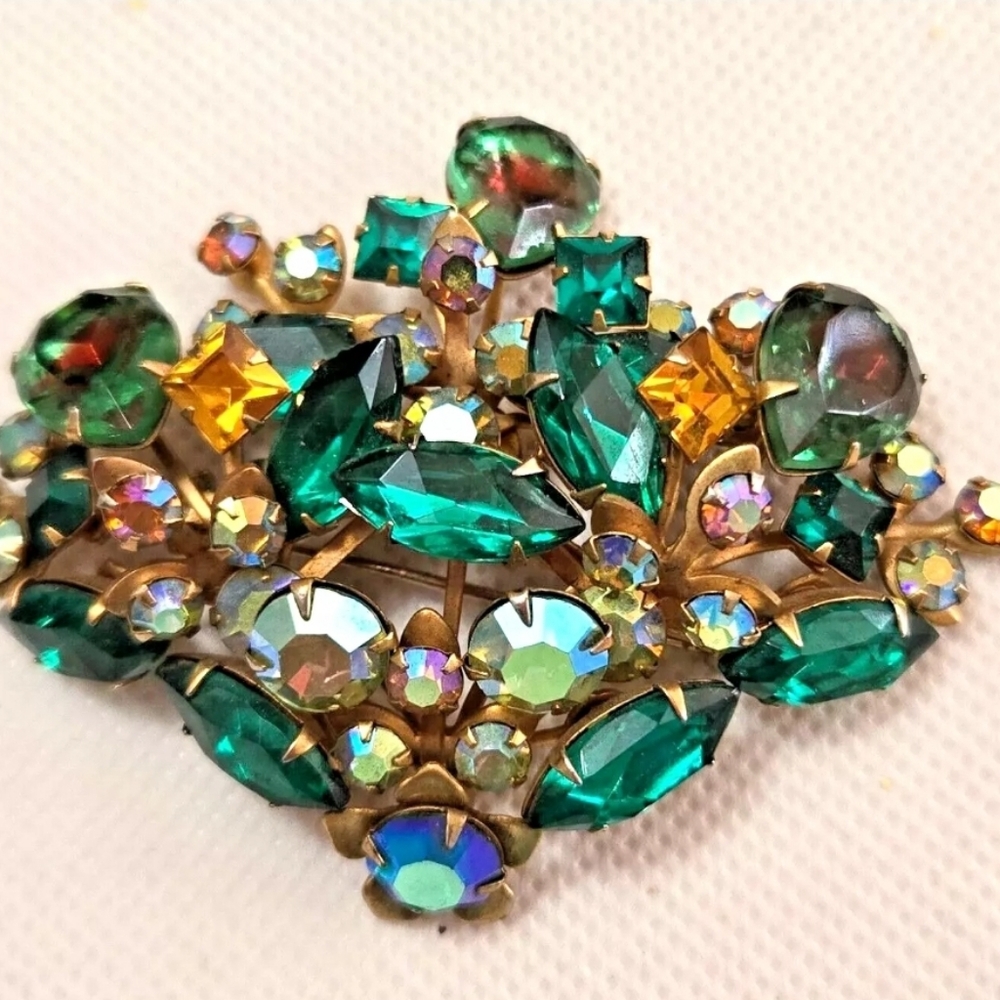ANTIQUE LARGE MId Century Tutti Fruiti Multi Color Multi Shape Rhinestone Brooch
